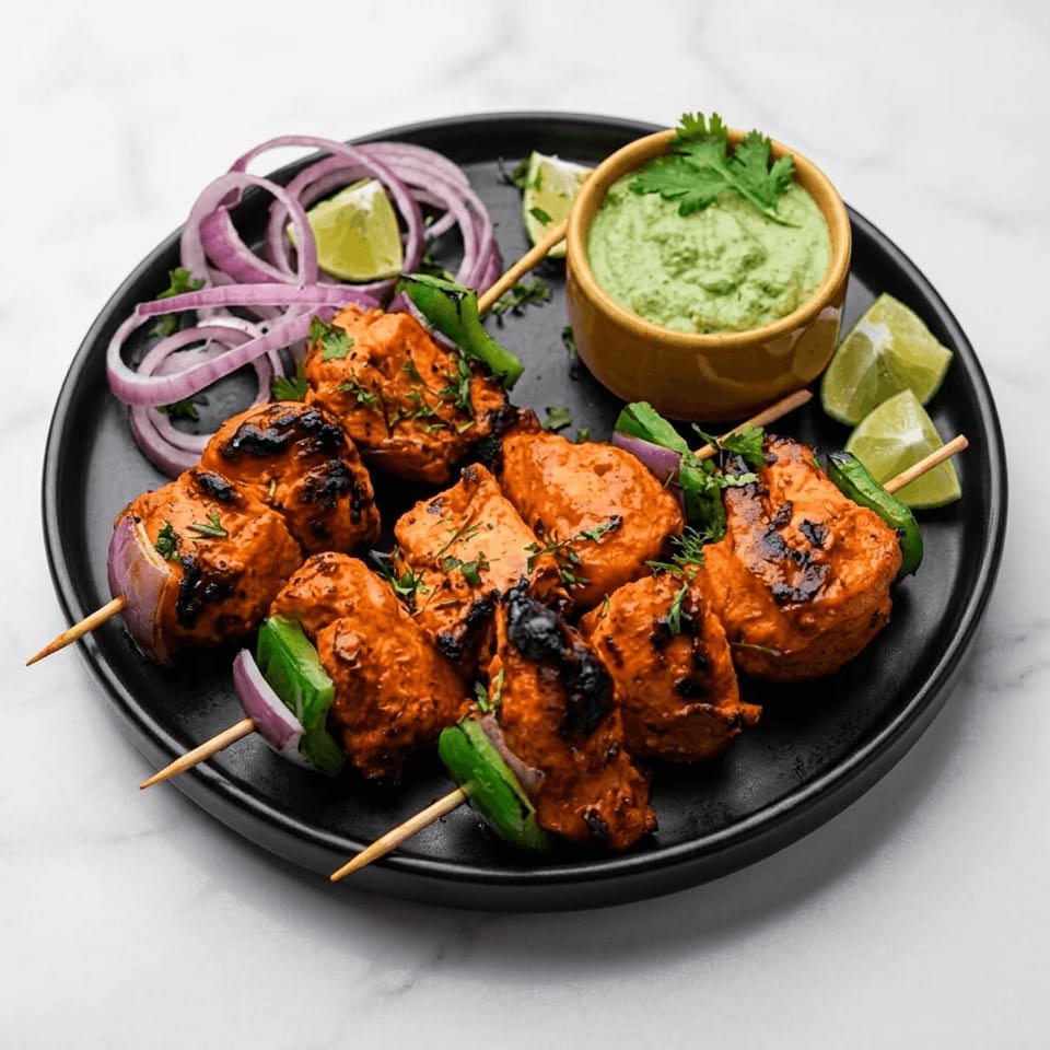 Grilled orange-marinated chicken skewers with peppers, red onions, lime wedges, and green dipping sauce on a black plate.