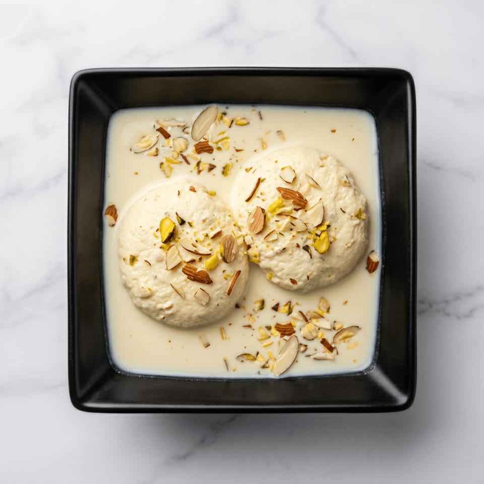 Two creamy Indian dessert dumplings in saffron milk, topped with sliced almonds and pistachios, served in a black square bowl.