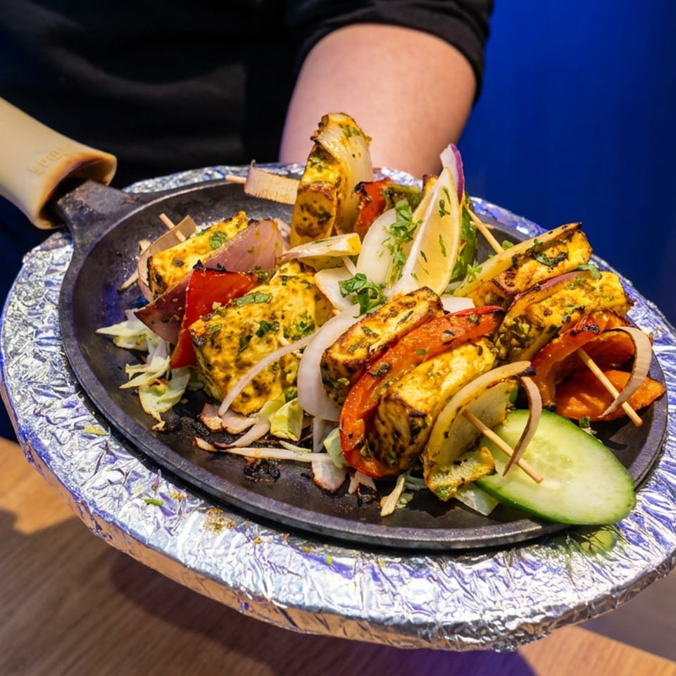 Sizzling platter of grilled paneer, peppers, onions, cucumber, and lemon garnished with cilantro.