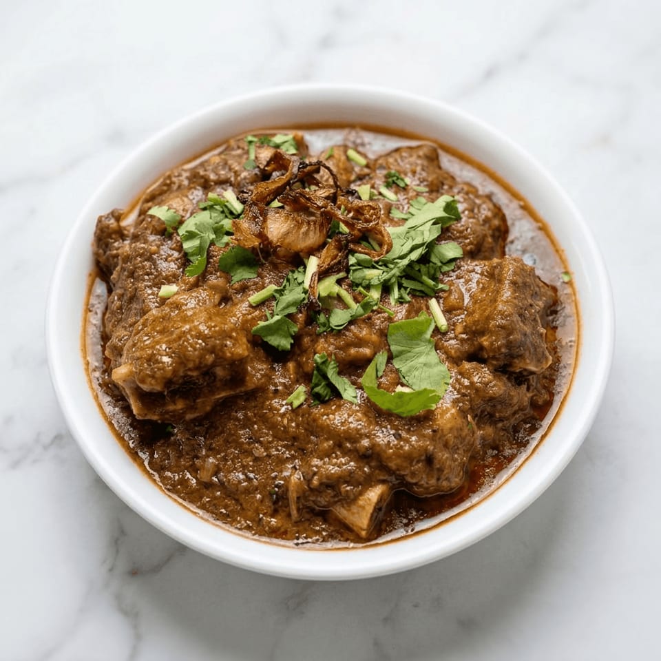 Braised meat in rich brown gravy, topped with fresh cilantro and crispy fried onions, served in a white bowl.