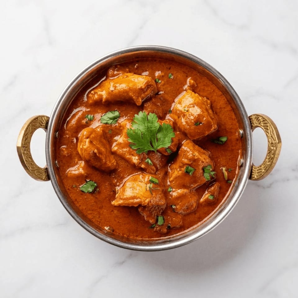 Bowl of creamy orange chicken curry garnished with cilantro and green onions on a marble surface.